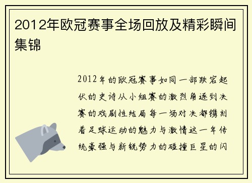 2012年欧冠赛事全场回放及精彩瞬间集锦