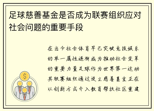 足球慈善基金是否成为联赛组织应对社会问题的重要手段